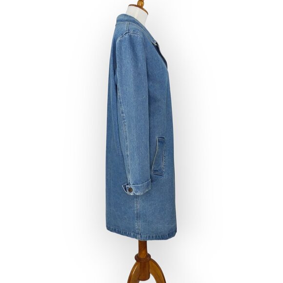 Denim & Co Long Blue Denim Jacket Chore Barn Duster Size Medium Button Front - Picture 6 of 14